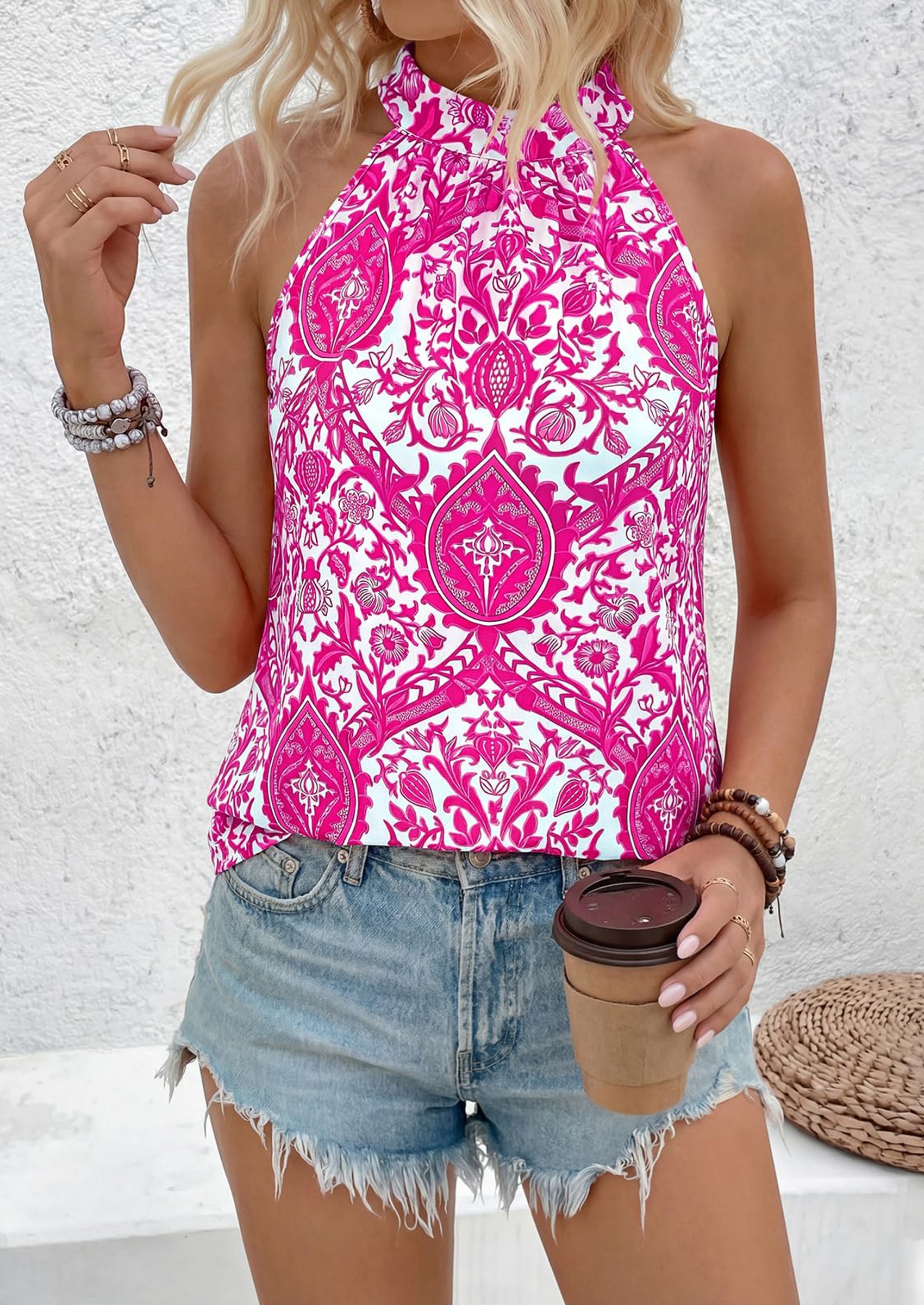 PRETTYGARDEN Halter Tops for Women Summer High Neck Boho Tank Top Sleeveless Beach Vacation Clothes Casual Blouse Shirts PRETTYGARDEN