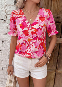 PRETTYGARDEN Womens Boho Tops Summer V Neck Puff Sleeve Casual Button Down Ruffle Floral Blouses Shirts Work Clothes PRETTYGARDEN