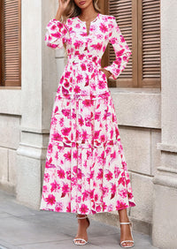 PRETTYGARDEN Women's Fall Boho Maxi Dresses Floral Long Sleeve V Neck Flowy Elegant Wedding Guest Dress Vacation Outfits