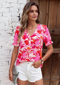 PRETTYGARDEN Womens Boho Tops Summer V Neck Puff Sleeve Casual Button Down Ruffle Floral Blouses Shirts Work Clothes PRETTYGARDEN