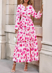 PRETTYGARDEN Women's Fall Boho Maxi Dresses Floral Long Sleeve V Neck Flowy Elegant Wedding Guest Dress Vacation Outfits