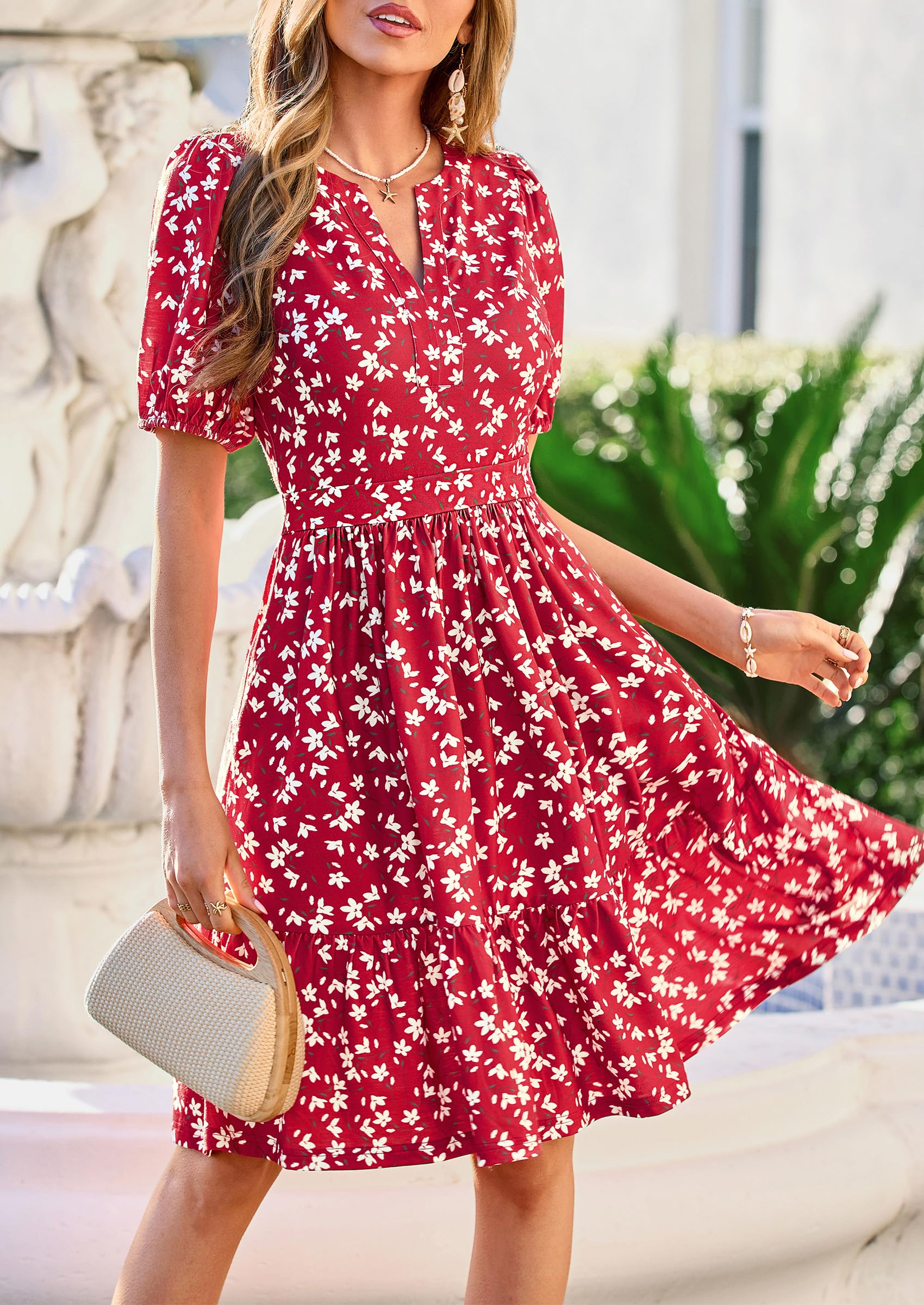 PRETTYGARDEN Womens Summer Casaul Short Dresses Floral V Neck Puff Sleeve Boho A Line Flowy Mini Beach Vacation Dress