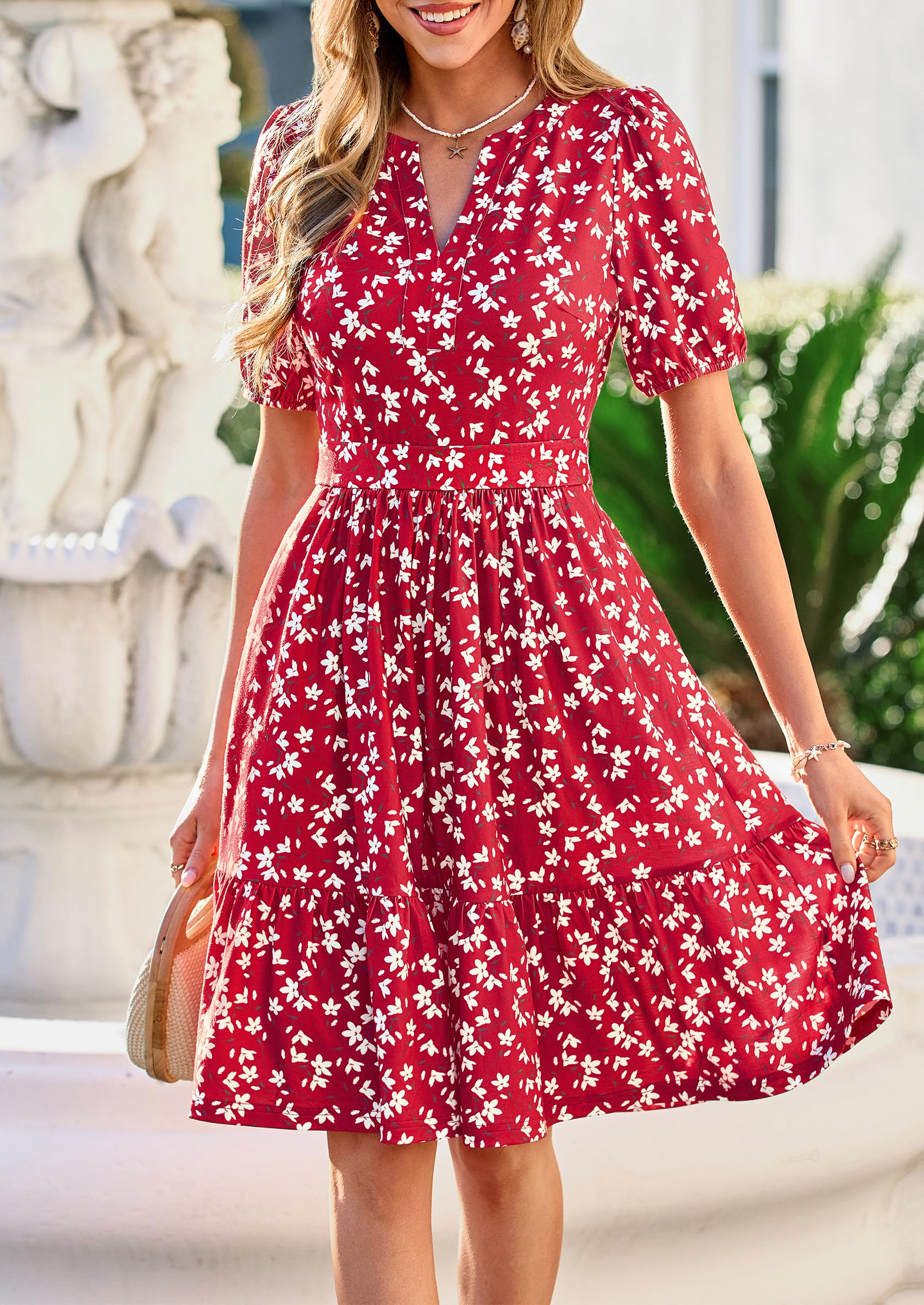 PRETTYGARDEN Womens Summer Casaul Short Dresses Floral V Neck Puff Sleeve Boho A Line Flowy Mini Beach Vacation Dress