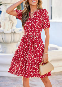 PRETTYGARDEN Womens Summer Casaul Short Dresses Floral V Neck Puff Sleeve Boho A Line Flowy Mini Beach Vacation Dress