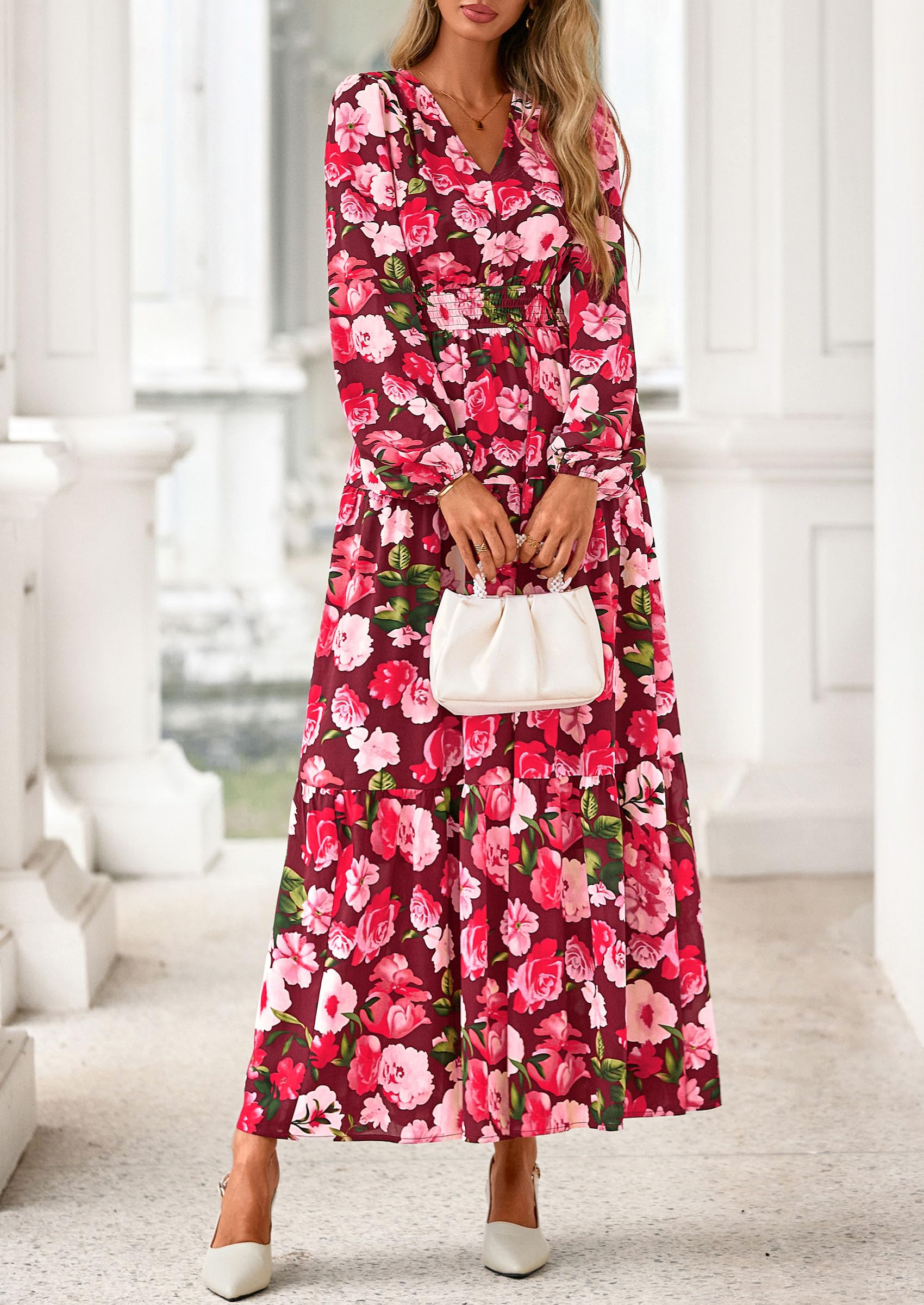 PRETTYGARDEN Long Sleeve Maxi Fall Dresses for Women Vneck Smocked Boho Floral Tiered Swing Flowy Wedding Guest Dress