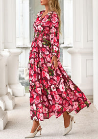 PRETTYGARDEN Long Sleeve Maxi Fall Dresses for Women Vneck Smocked Boho Floral Tiered Swing Flowy Wedding Guest Dress