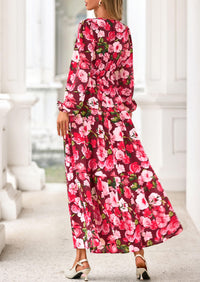 PRETTYGARDEN Long Sleeve Maxi Fall Dresses for Women Vneck Smocked Boho Floral Tiered Swing Flowy Wedding Guest Dress