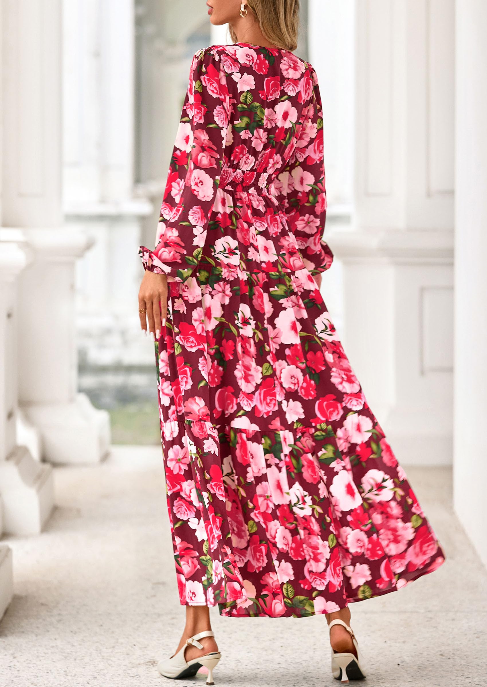 PRETTYGARDEN Long Sleeve Maxi Fall Dresses for Women Vneck Smocked Boho Floral Tiered Swing Flowy Wedding Guest Dress