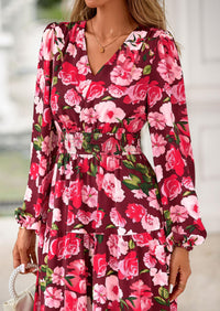 PRETTYGARDEN Long Sleeve Maxi Fall Dresses for Women Vneck Smocked Boho Floral Tiered Swing Flowy Wedding Guest Dress