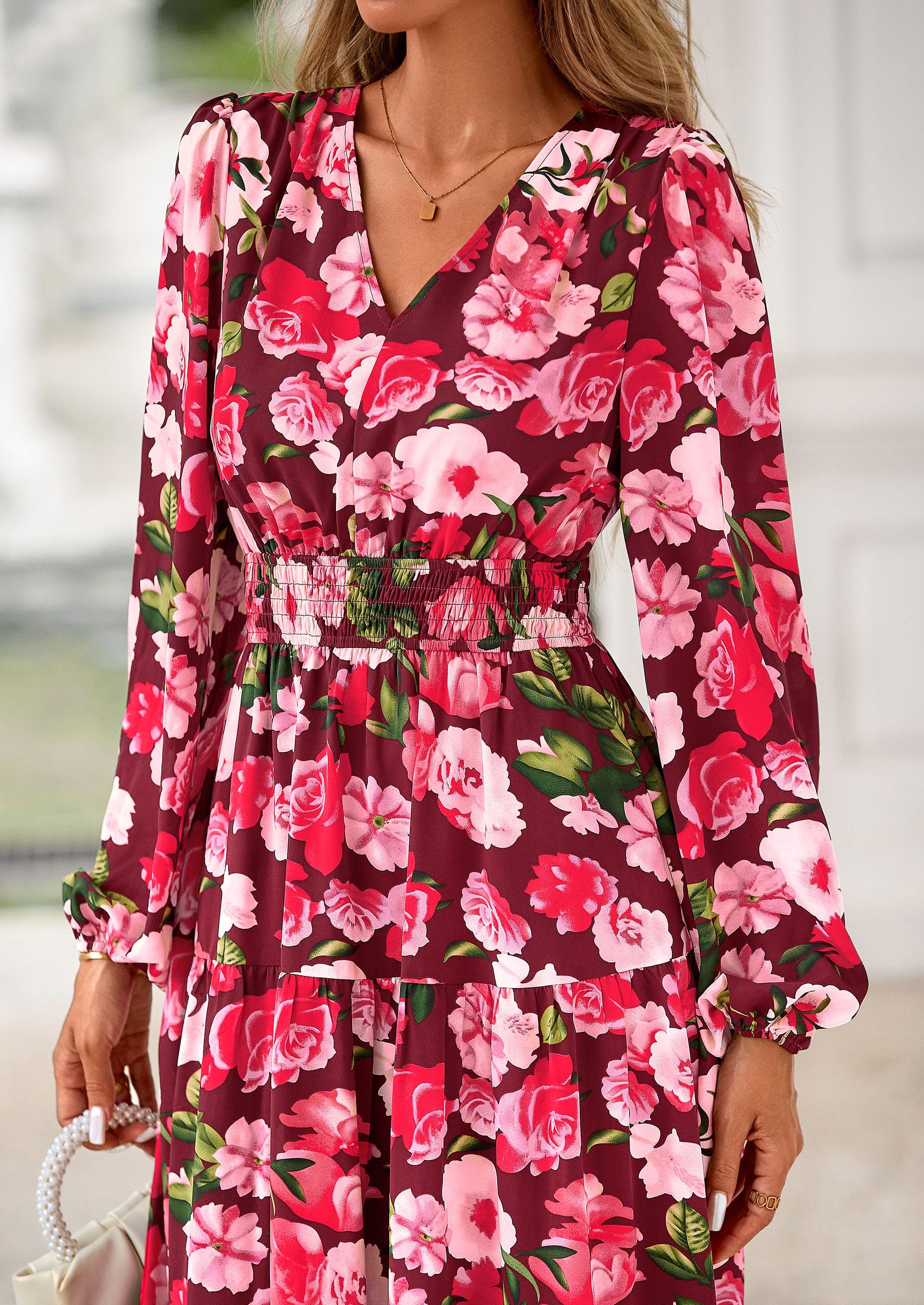 PRETTYGARDEN Long Sleeve Maxi Fall Dresses for Women Vneck Smocked Boho Floral Tiered Swing Flowy Wedding Guest Dress