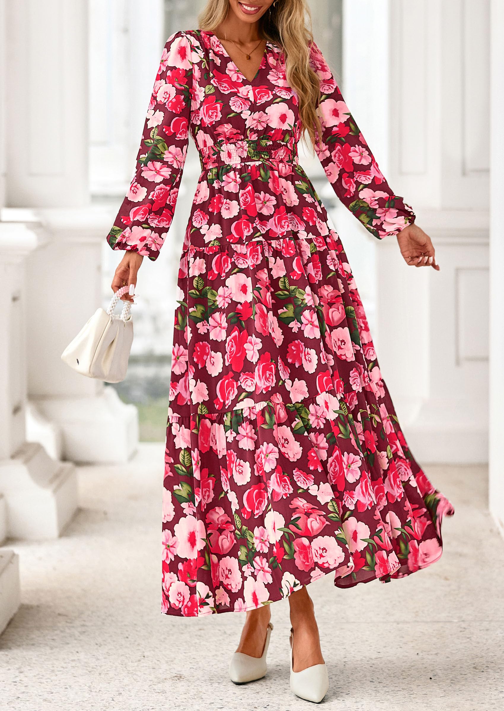PRETTYGARDEN Long Sleeve Maxi Fall Dresses for Women Vneck Smocked Boho Floral Tiered Swing Flowy Wedding Guest Dress