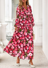 PRETTYGARDEN Long Sleeve Maxi Fall Dresses for Women Vneck Smocked Boho Floral Tiered Swing Flowy Wedding Guest Dress