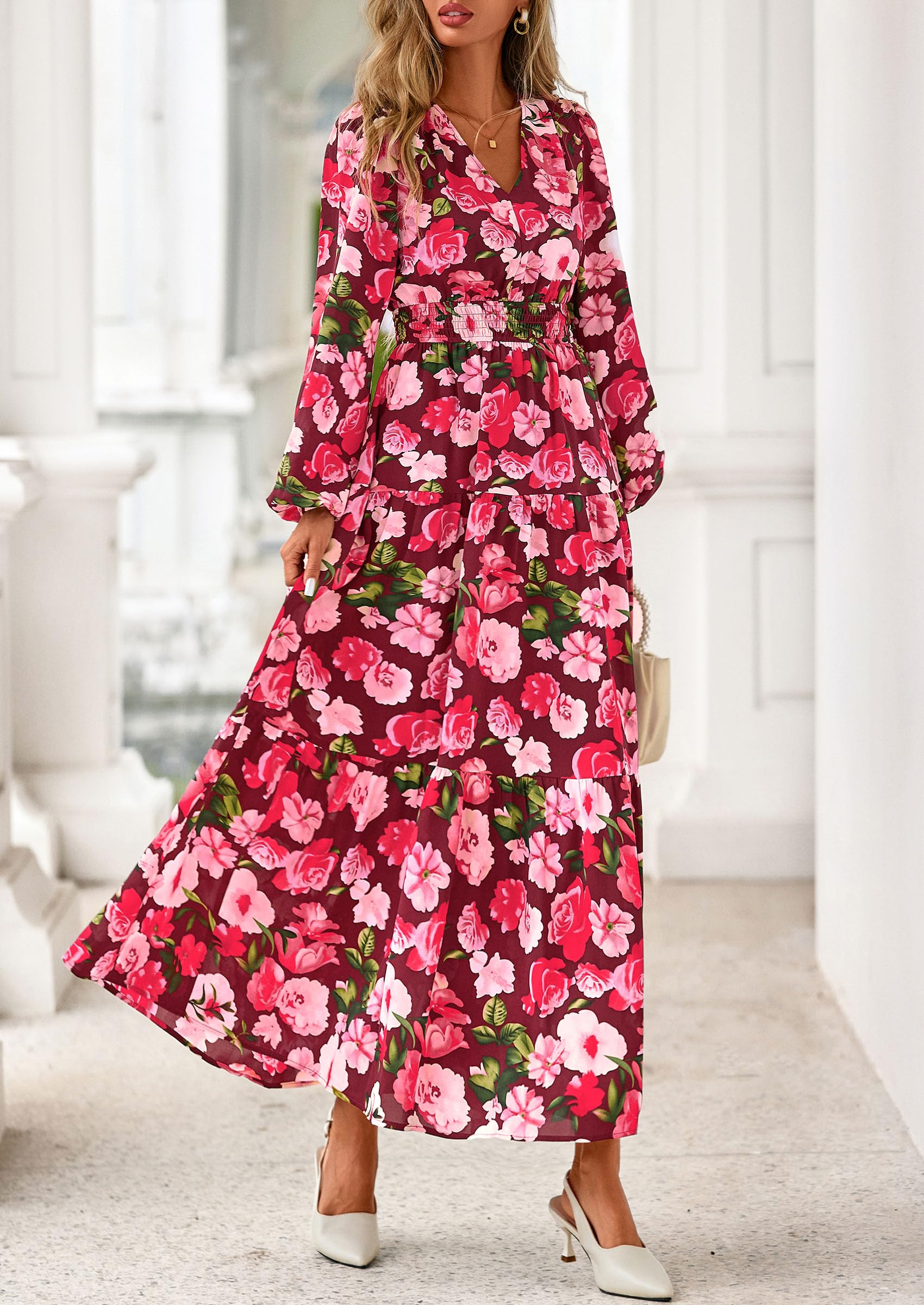 PRETTYGARDEN Long Sleeve Maxi Fall Dresses for Women Vneck Smocked Boho Floral Tiered Swing Flowy Wedding Guest Dress