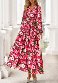 PRETTYGARDEN Long Sleeve Maxi Fall Dresses for Women Vneck Smocked Boho Floral Tiered Swing Flowy Wedding Guest Dress