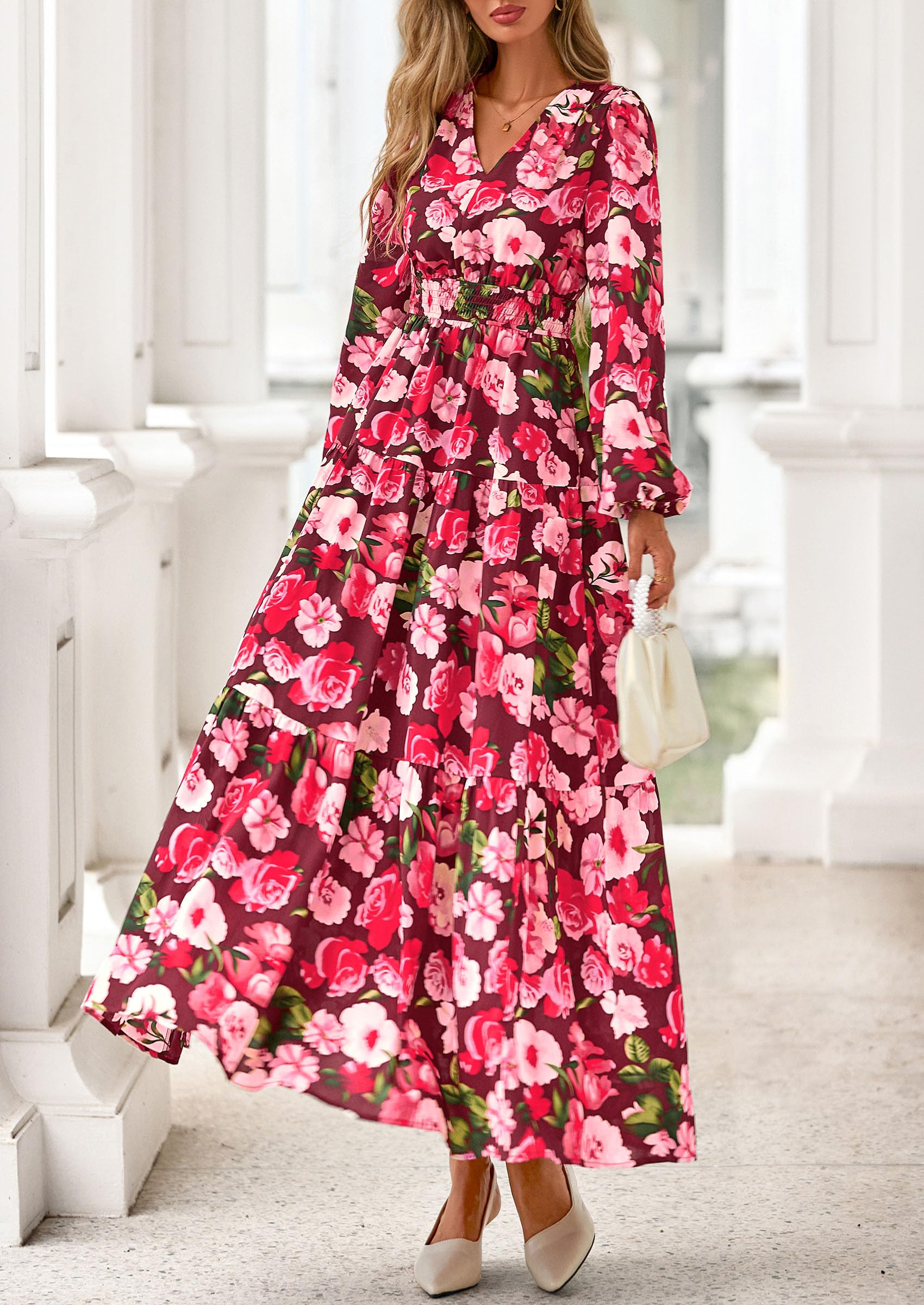 PRETTYGARDEN Long Sleeve Maxi Fall Dresses for Women Vneck Smocked Boho Floral Tiered Swing Flowy Wedding Guest Dress