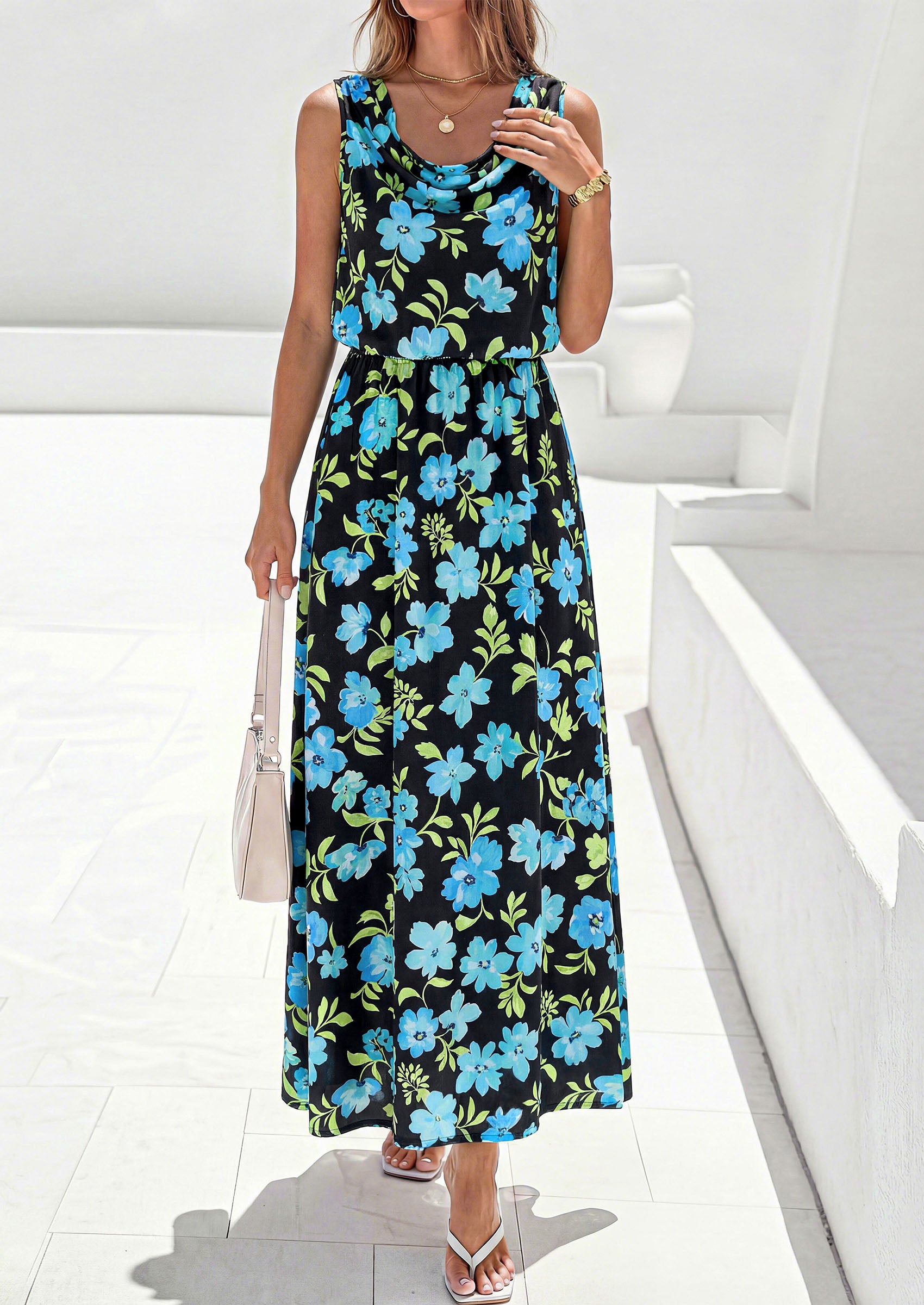 PRETTYGARDEN Womens Summer Floral Maxi Dresses Spring Sleeveless Cowl Neck Flowy Beach Vacation Wedding Guest Long Dress