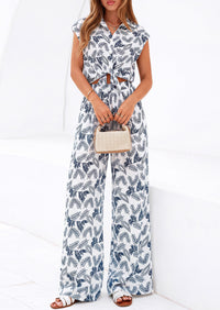 PRETTYGARDEN 2 Piece Sets For Women Summer Striped Button Down Tie Front Crop Tops Wide Leg Pants Floral Lounge Set 2026 PRETTYGARDEN