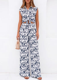 PRETTYGARDEN 2 Piece Sets For Women Summer Striped Button Down Tie Front Crop Tops Wide Leg Pants Floral Lounge Set 2026 PRETTYGARDEN