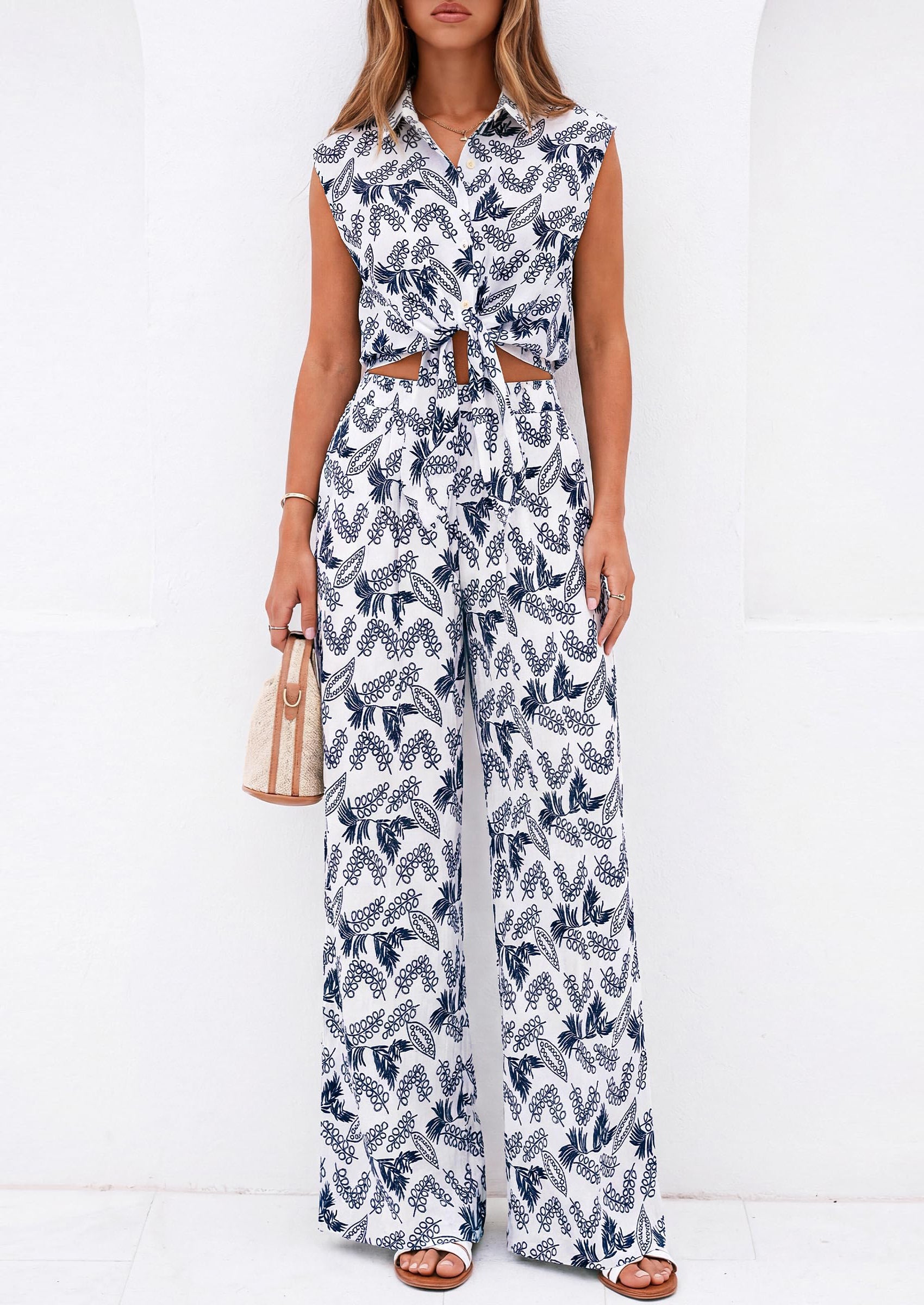 PRETTYGARDEN 2 Piece Sets For Women Summer Striped Button Down Tie Front Crop Tops Wide Leg Pants Floral Lounge Set 2026 PRETTYGARDEN