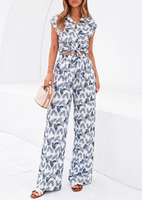 PRETTYGARDEN 2 Piece Sets For Women Summer Striped Button Down Tie Front Crop Tops Wide Leg Pants Floral Lounge Set 2026 PRETTYGARDEN