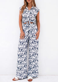 PRETTYGARDEN 2 Piece Sets For Women Summer Striped Button Down Tie Front Crop Tops Wide Leg Pants Floral Lounge Set 2026 PRETTYGARDEN