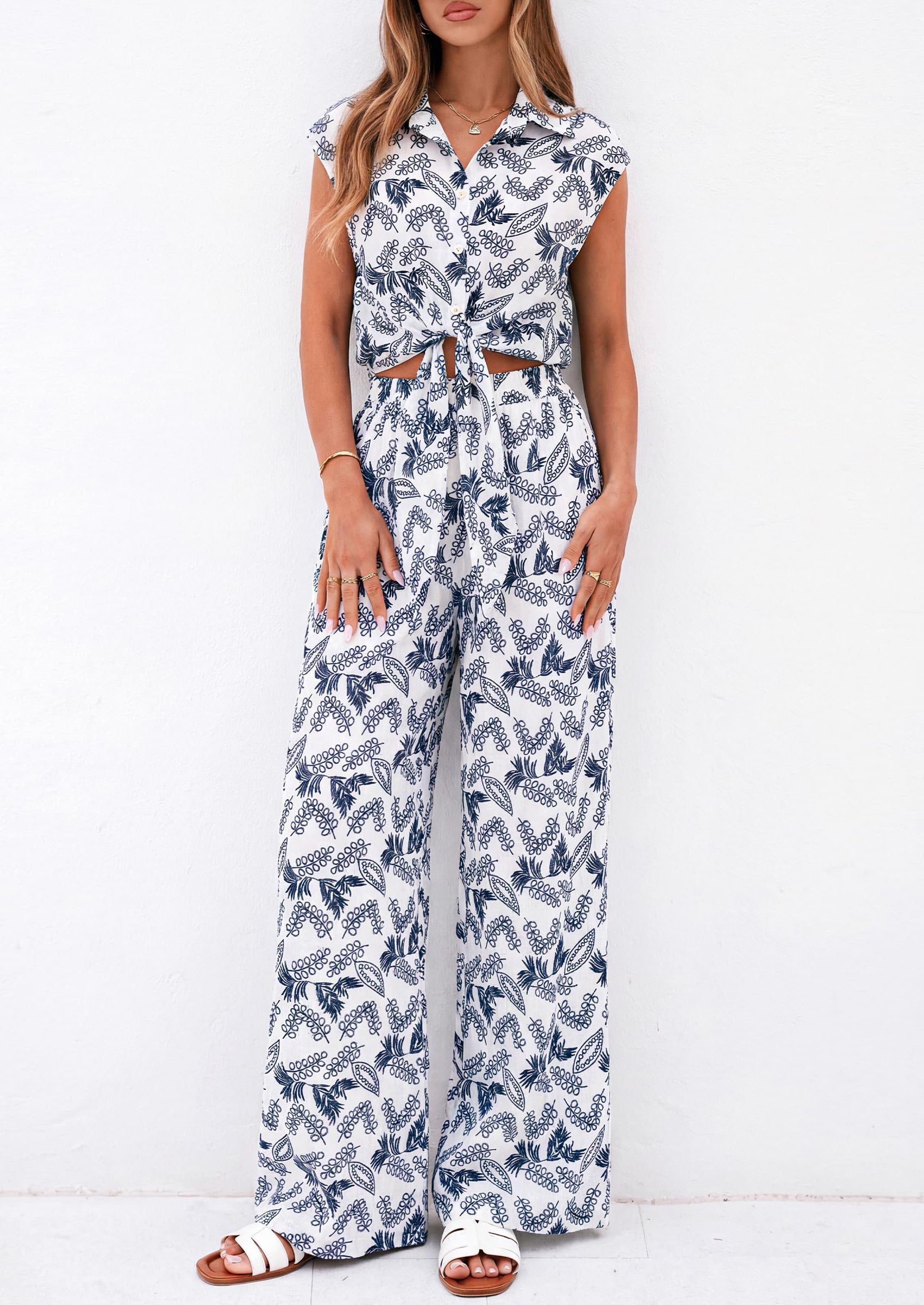 PRETTYGARDEN 2 Piece Sets For Women Summer Striped Button Down Tie Front Crop Tops Wide Leg Pants Floral Lounge Set 2026 PRETTYGARDEN