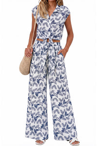 PRETTYGARDEN 2 Piece Sets For Women Summer Striped Button Down Tie Front Crop Tops Wide Leg Pants Floral Lounge Set 2026 PRETTYGARDEN