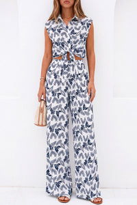 PRETTYGARDEN 2 Piece Sets For Women Summer Striped Button Down Tie Front Crop Tops Wide Leg Pants Floral Lounge Set 2026 PRETTYGARDEN