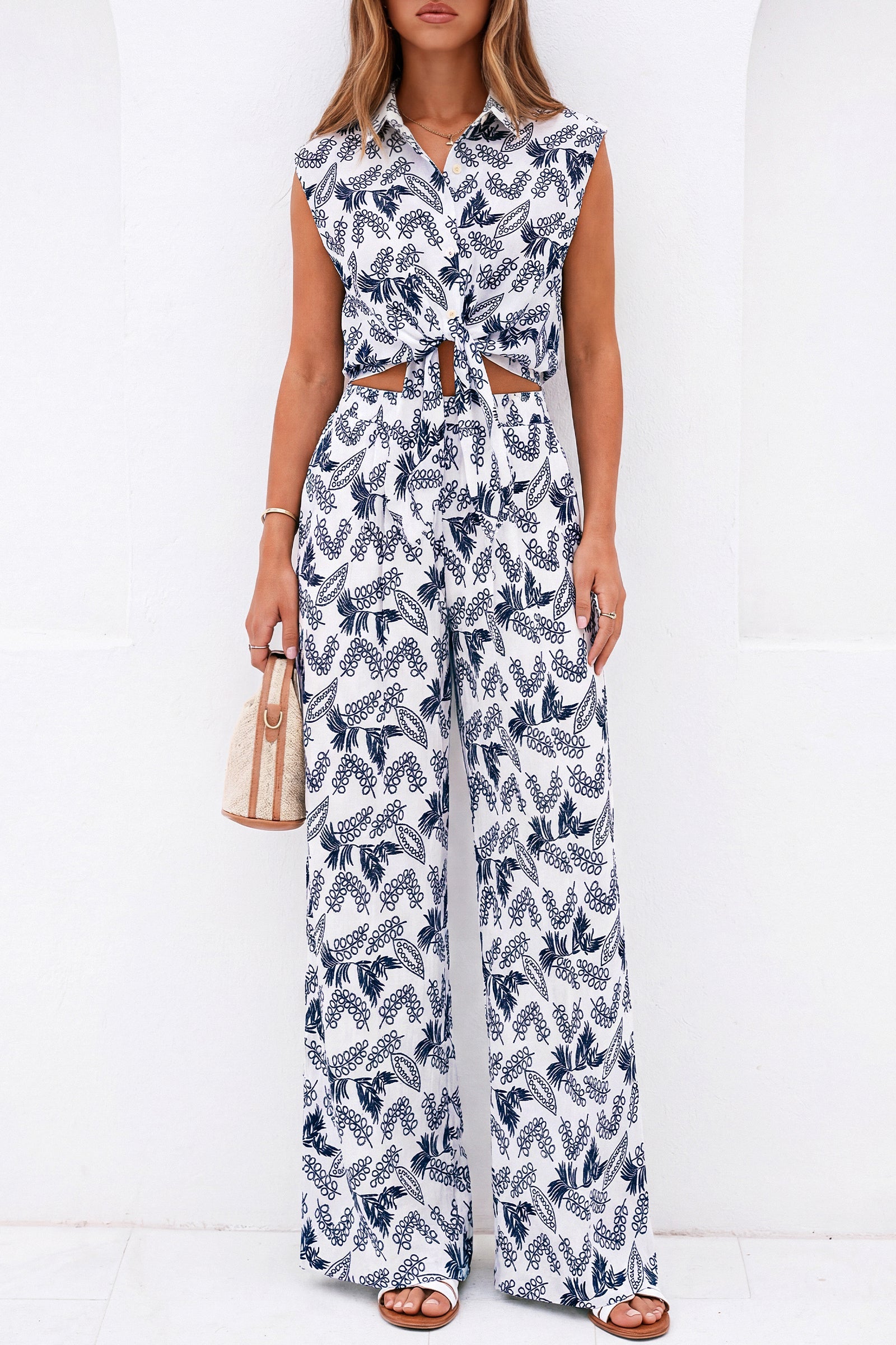 PRETTYGARDEN 2 Piece Sets For Women Summer Striped Button Down Tie Front Crop Tops Wide Leg Pants Floral Lounge Set 2026 PRETTYGARDEN