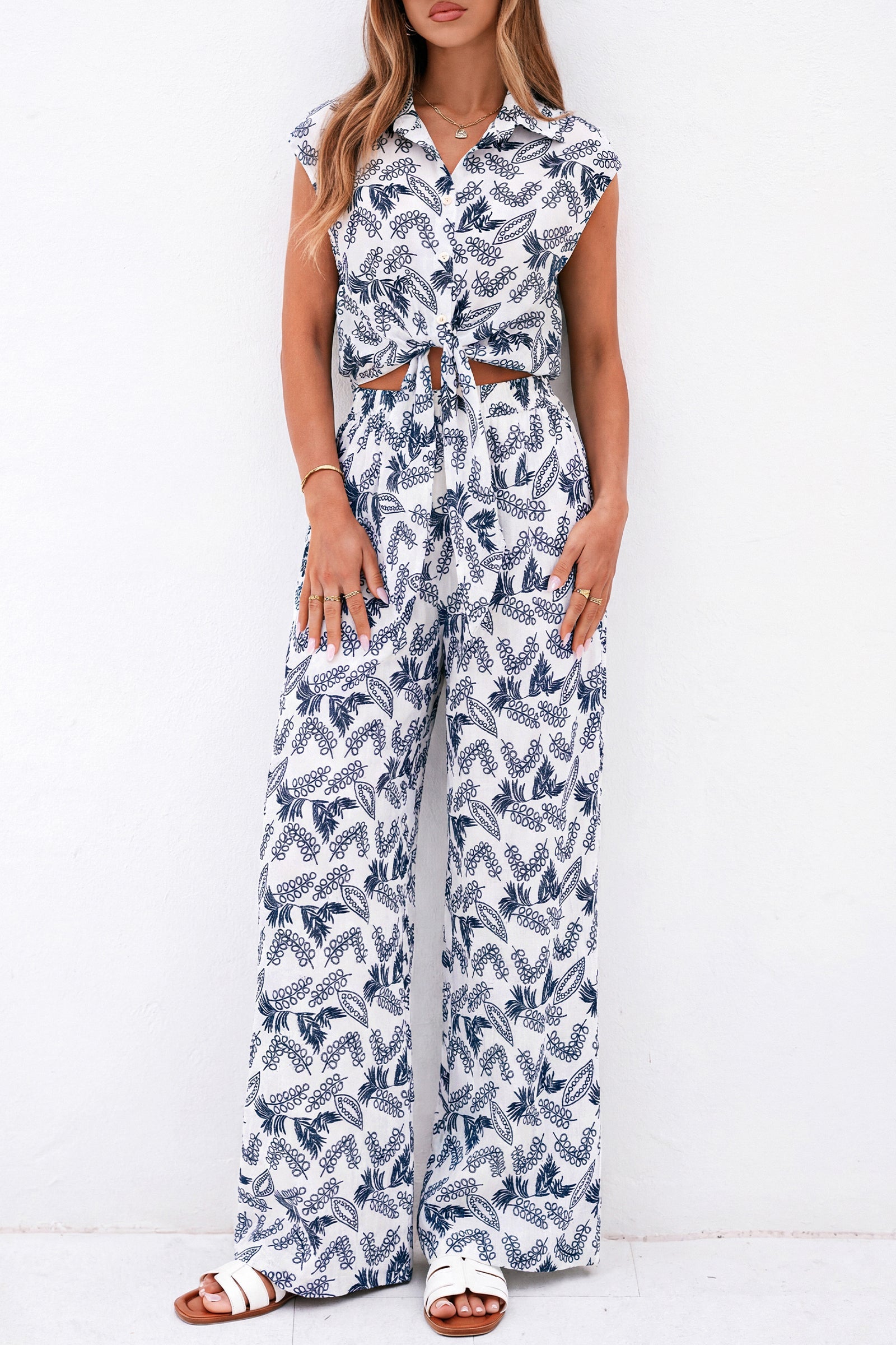 PRETTYGARDEN 2 Piece Sets For Women Summer Striped Button Down Tie Front Crop Tops Wide Leg Pants Floral Lounge Set 2026 PRETTYGARDEN