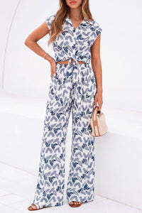 PRETTYGARDEN 2 Piece Sets For Women Summer Striped Button Down Tie Front Crop Tops Wide Leg Pants Floral Lounge Set 2026 PRETTYGARDEN