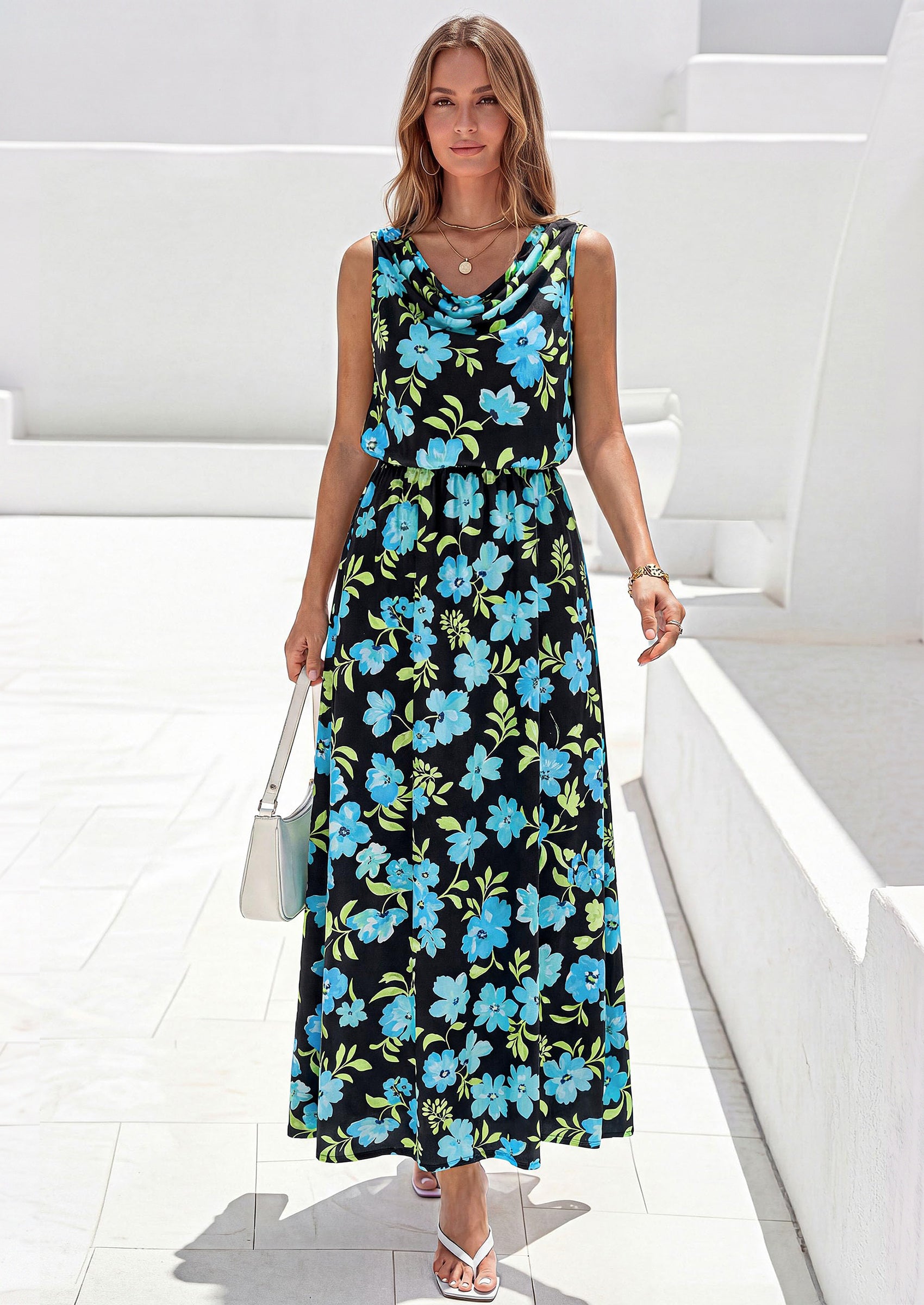 PRETTYGARDEN Womens Summer Floral Maxi Dresses Spring Sleeveless Cowl Neck Flowy Beach Vacation Wedding Guest Long Dress