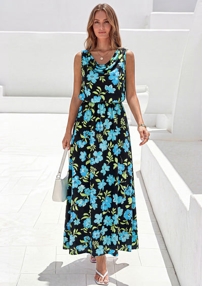 PRETTYGARDEN Womens Summer Floral Maxi Dresses Spring Sleeveless Cowl Neck Flowy Beach Vacation Wedding Guest Long Dress