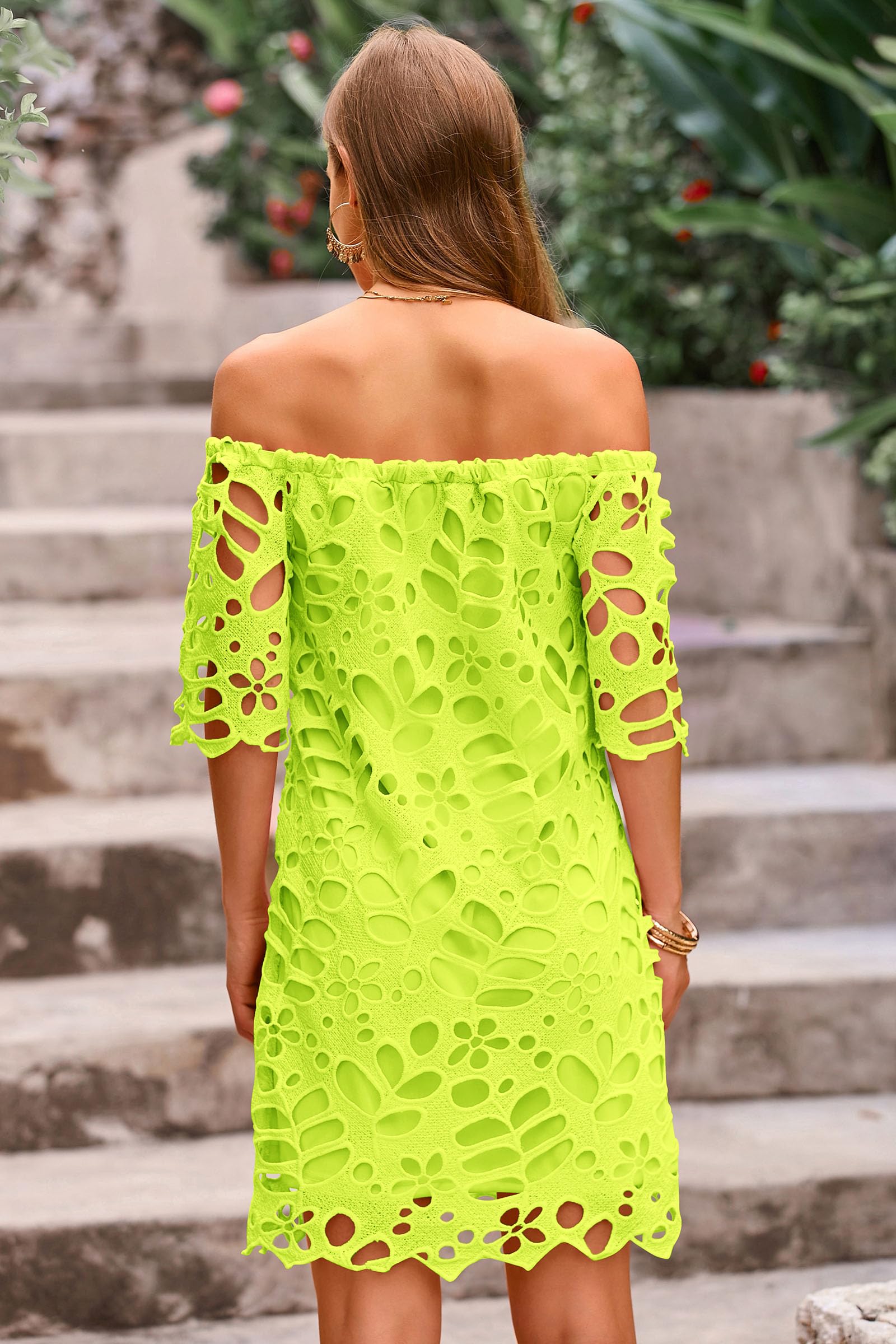 PRETTYGARDEN Women's Summer Off Shoulder Dresses Floral Lace Flare Short Sleeve Spring Vintage Elegant Mini Dress