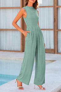 Sleeveless Mock Neck Wide Leg Jumpsuits With Pockets