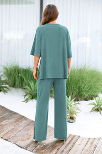 Short Sleeve Pullover Tops And Wide Leg Pants Two Piece Sets