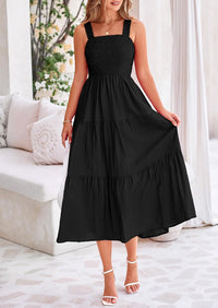 Womens Smocked Summer  Ruffle A Line Long Flowy Dresses Cute Sleeveless Beach Sundress Midi Dress