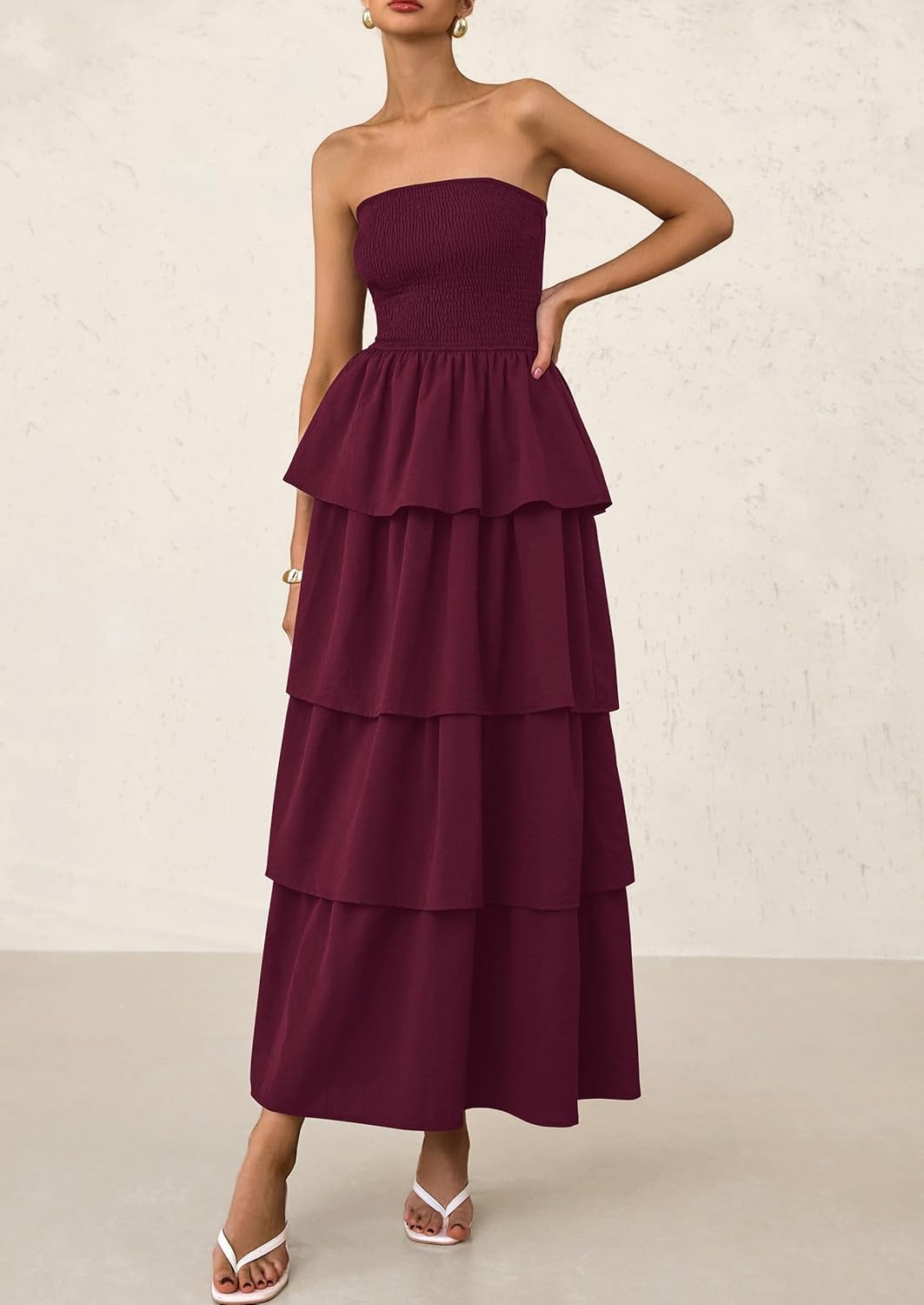 PRETTYGARDEN Maxi Dresses for Women Off Shoulder Smocked Tiered Ruffle Long Flowy Wedding Guest Dress