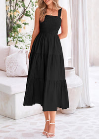 Womens Smocked Summer  Ruffle A Line Long Flowy Dresses Cute Sleeveless Beach Sundress Midi Dress