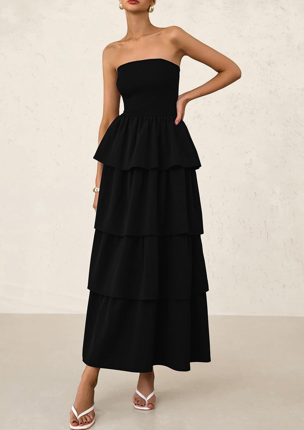 PRETTYGARDEN Maxi Dresses for Women Off Shoulder Smocked Tiered Ruffle Long Flowy Wedding Guest Dress