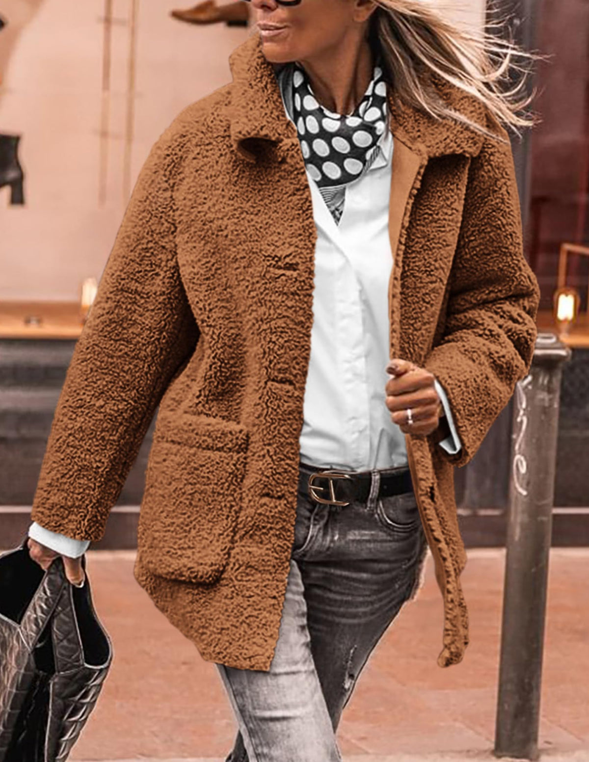 Winter Faux Fur Coats Long Sleeve Lapel Button Down Pockets Fleece Sherpa Jacket Casual Trendy Outerwear