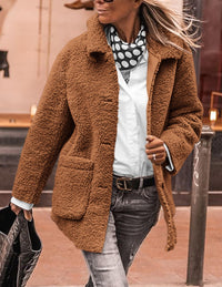 Winter Faux Fur Coats Long Sleeve Lapel Button Down Pockets Fleece Sherpa Jacket Casual Trendy Outerwear