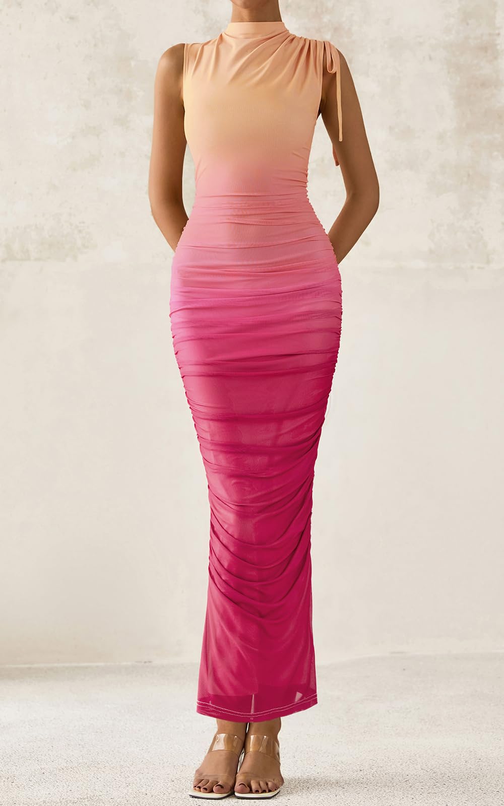 PRETTYGARDEN Women's Summer Maxi Floral Dresses Ruched Bodycon Sleeveless Mesh Formal Wedding Guest Cocktail Split Long Dress PRETTYGARDEN