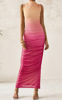 PRETTYGARDEN Women's Summer Maxi Floral Dresses Ruched Bodycon Sleeveless Mesh Formal Wedding Guest Cocktail Split Long Dress PRETTYGARDEN