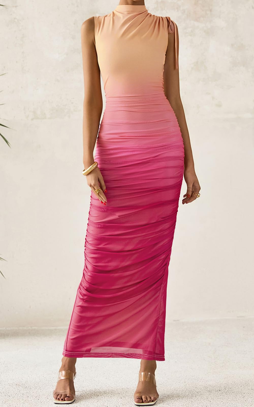 PRETTYGARDEN Women's Summer Maxi Floral Dresses Ruched Bodycon Sleeveless Mesh Formal Wedding Guest Cocktail Split Long Dress PRETTYGARDEN