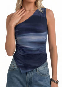 PRETTYGARDEN Women's Floral Mesh Tops Summer Asymmetrical One Shoulder Sleeveless Ruched Shirts Spring Going Out Clothes PRETTYGARDEN