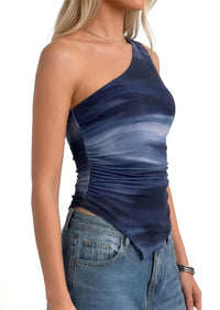 PRETTYGARDEN Women's Floral Mesh Tops Summer Asymmetrical One Shoulder Sleeveless Ruched Shirts Spring Going Out Clothes PRETTYGARDEN