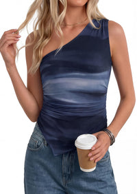 PRETTYGARDEN Women's Floral Mesh Tops Summer Asymmetrical One Shoulder Sleeveless Ruched Shirts Spring Going Out Clothes PRETTYGARDEN