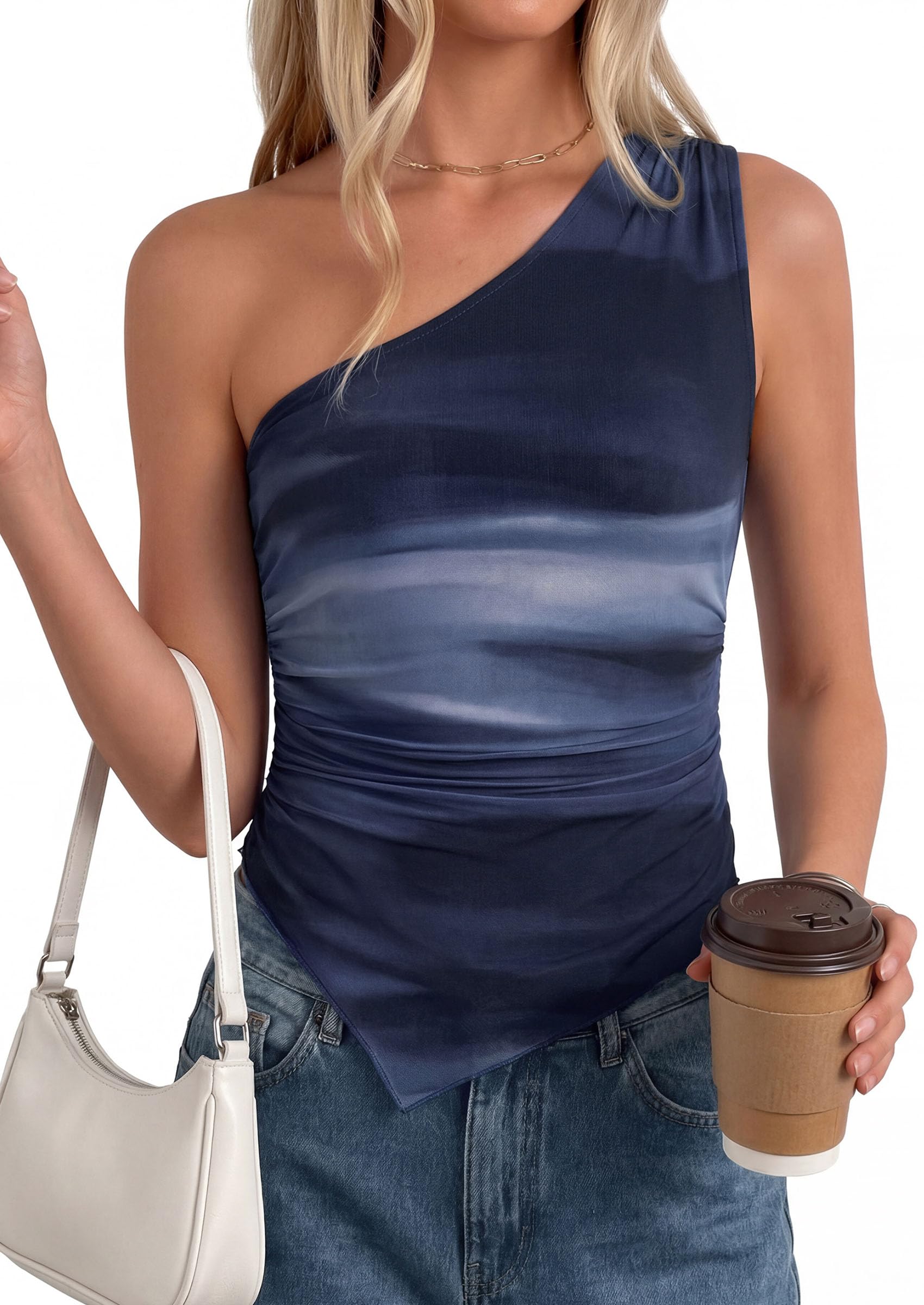 PRETTYGARDEN Women's Floral Mesh Tops Summer Asymmetrical One Shoulder Sleeveless Ruched Shirts Spring Going Out Clothes PRETTYGARDEN