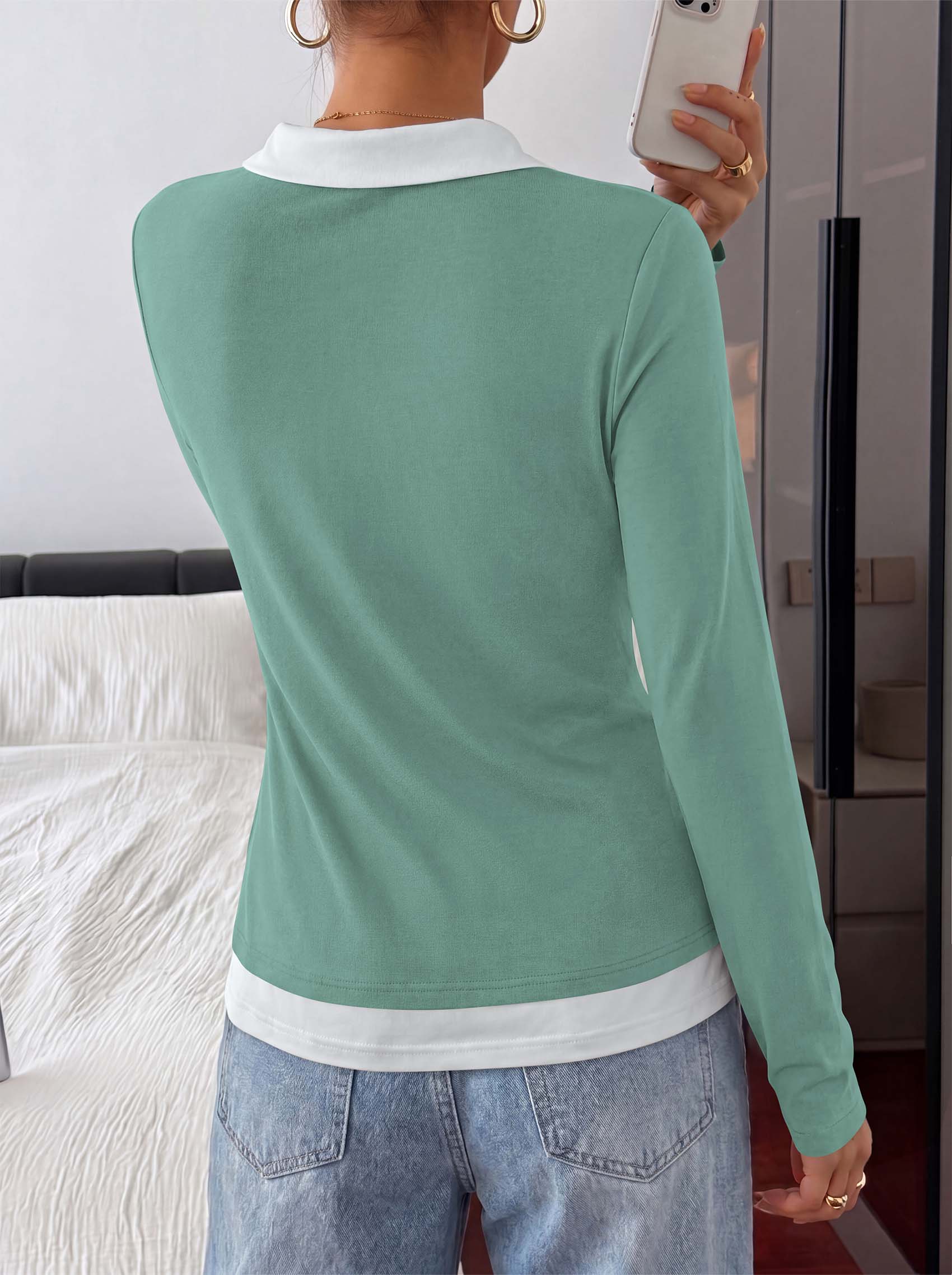 PRETTYGARDEN Womens Casual Polo T-Shirt Color Block Layered Tops | Contrast Collared V Neck Tops, Soft Double Layer T Shirts for Women, Casual Tops for Women, Trendy Fall Outfits 2026